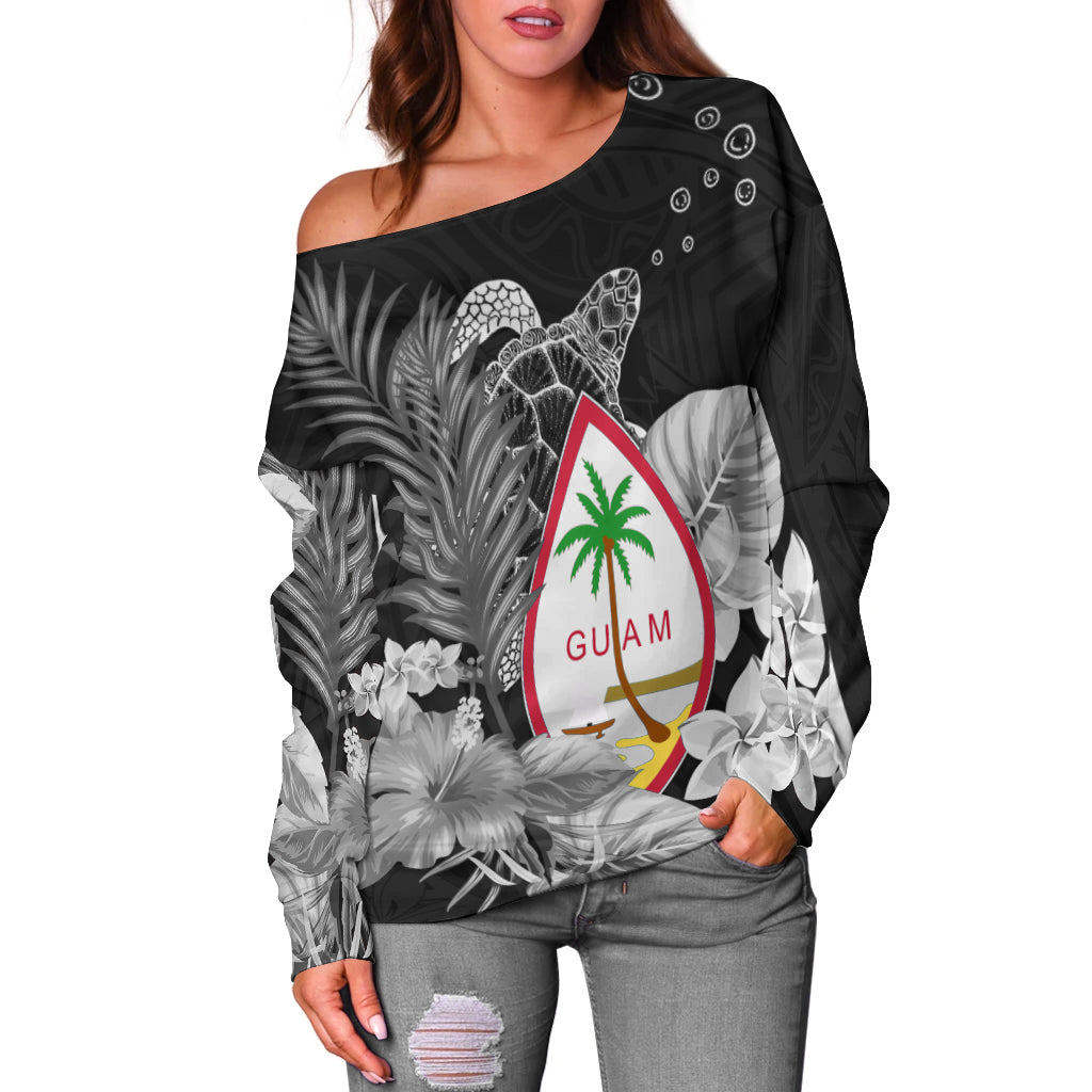 (Custom Personalised) Guam Seal Off Shoulder Sweater Polynesian Turtle with Flowers Version White LT13 - Polynesian Pride