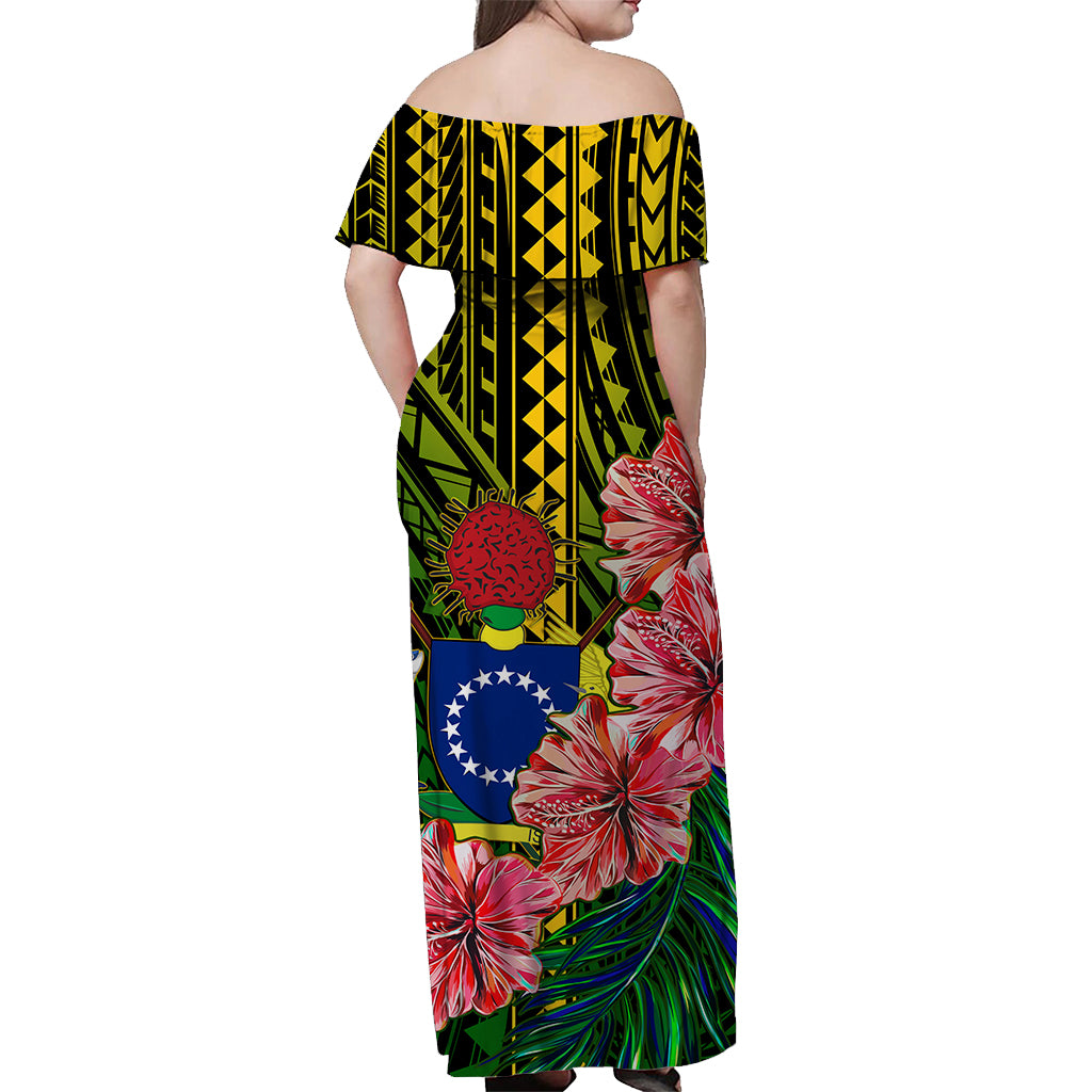 Cook Islands Off Shoulder Long Dress Polynesian Pattern and Hibiscus Flowers LT13 - Polynesian Pride