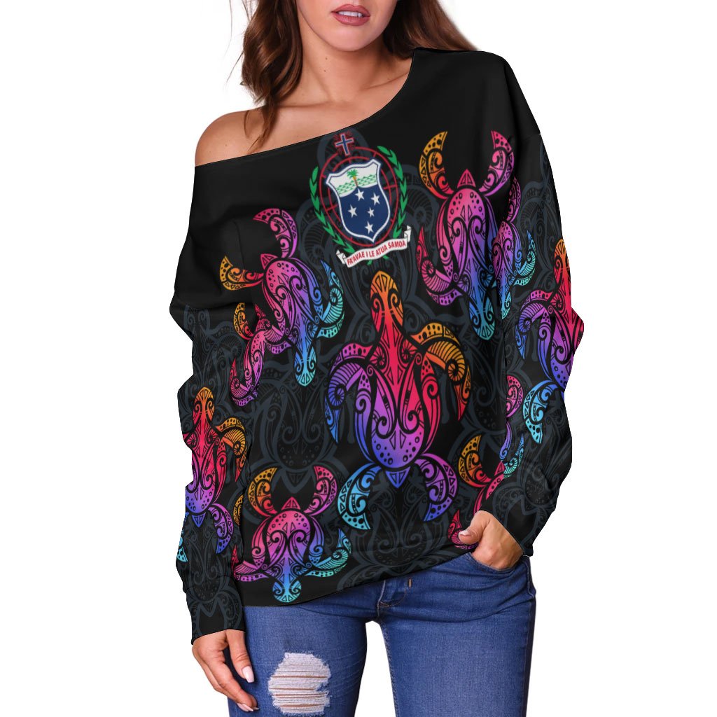 Samoa Women's Off Shoulder Sweater - Sea Turtle In Tribal Polynesian Style - Polynesian Pride