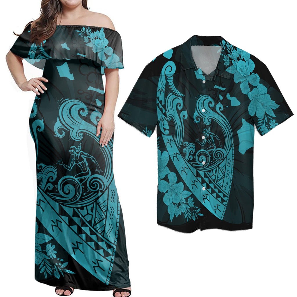 Matching Dress and Hawaiian Shirt Hawaii Fish Hook Hibiscus Banzai Surfing Polynesian Blue RLT14 - Polynesian Pride