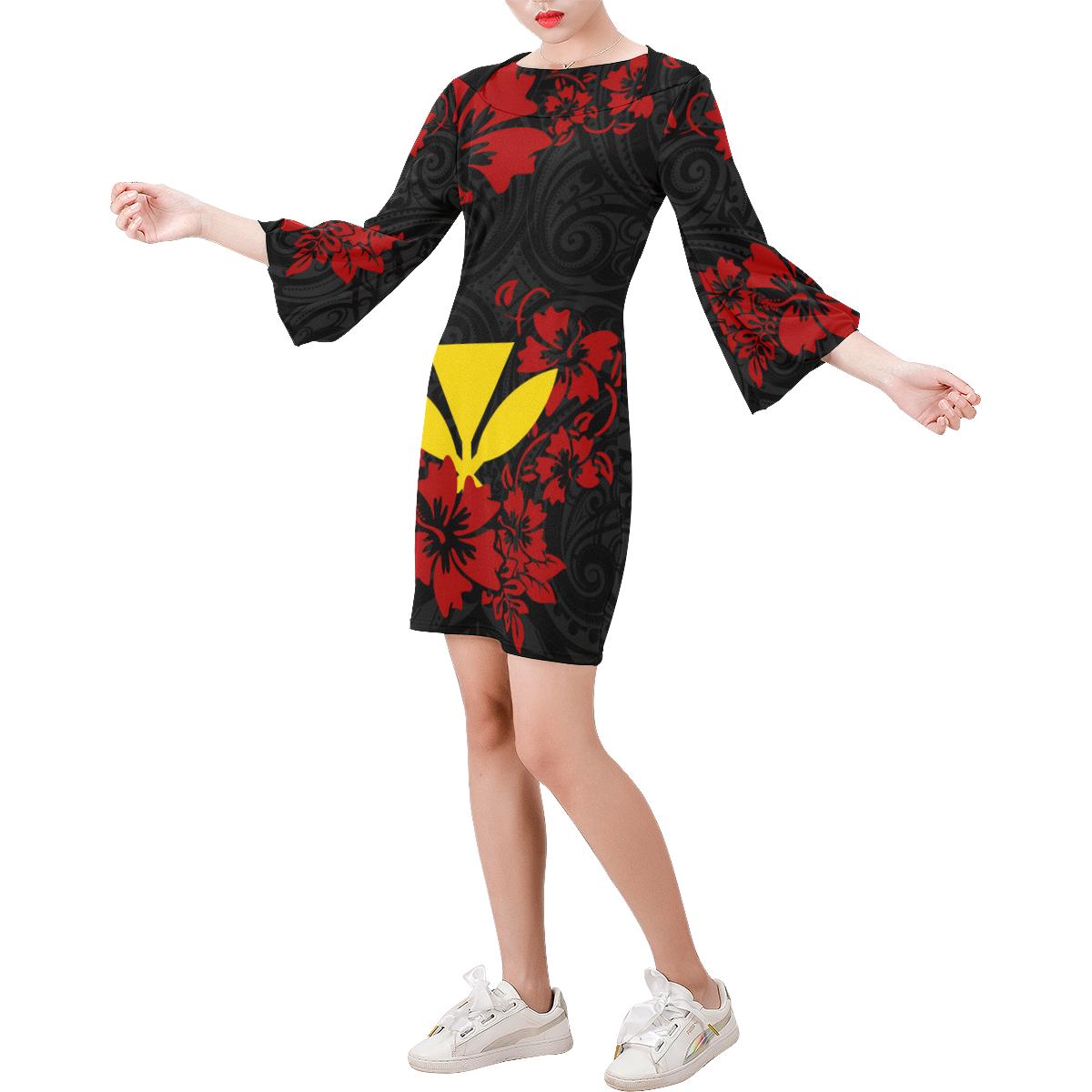 Hawaii Bell Sleeve Dress - Red Hibiscus Women Black - Polynesian Pride