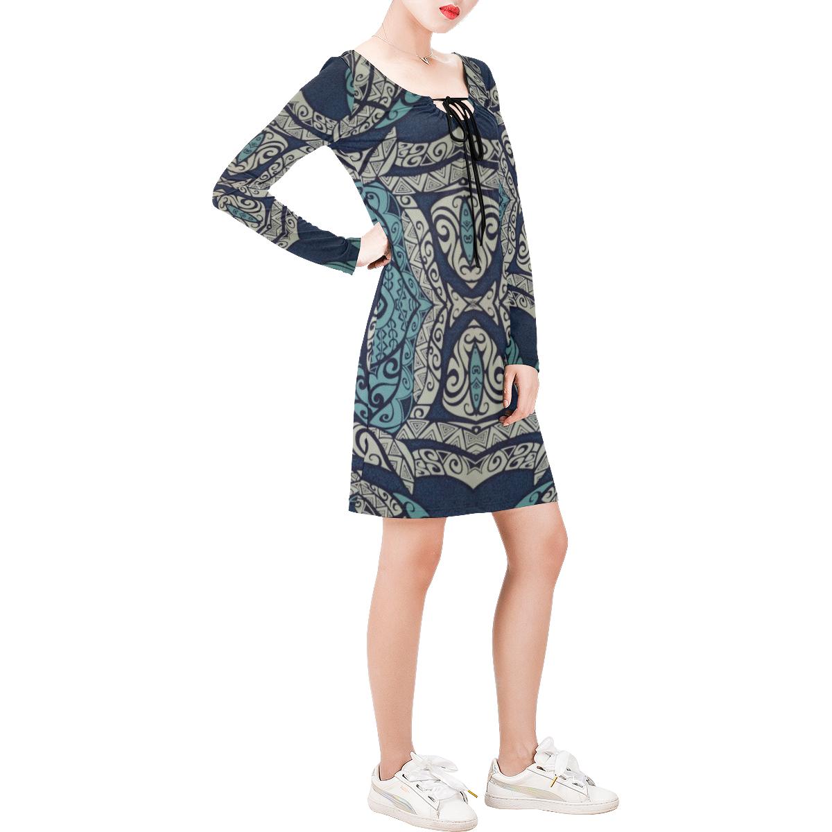 Polynesia Tribal Long Sleeve String Tie Dress Women Blue - Polynesian Pride