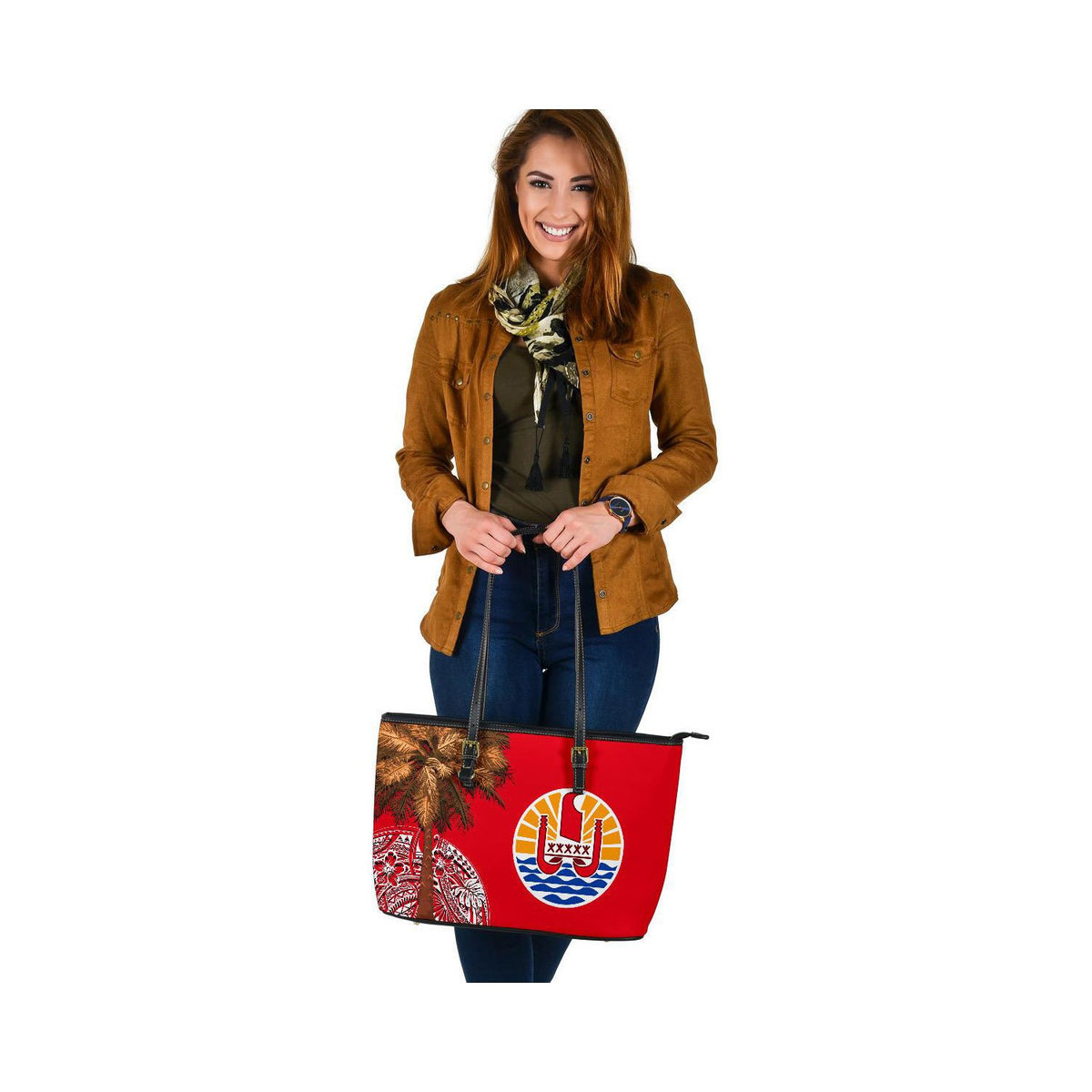 French Polynesia Leather Tote Bags - Palm Tree Polynesian Pattern - Polynesian Pride