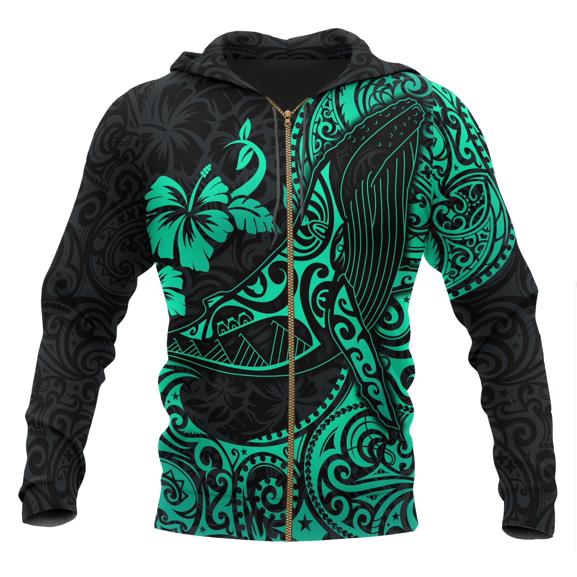 Polynesian Hawaii Zip up Hoodie Polynesian Turquoise Humpback Whale Unisex Turquoise - Polynesian Pride