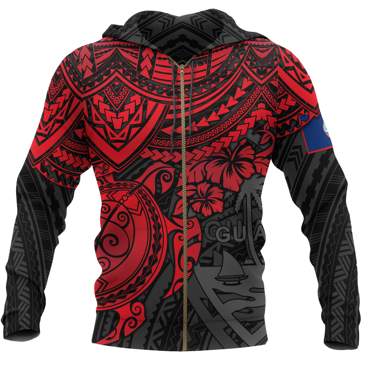 Guam Polynesian Hoodie (Zip up) Red Turtle Unisex RED - Polynesian Pride
