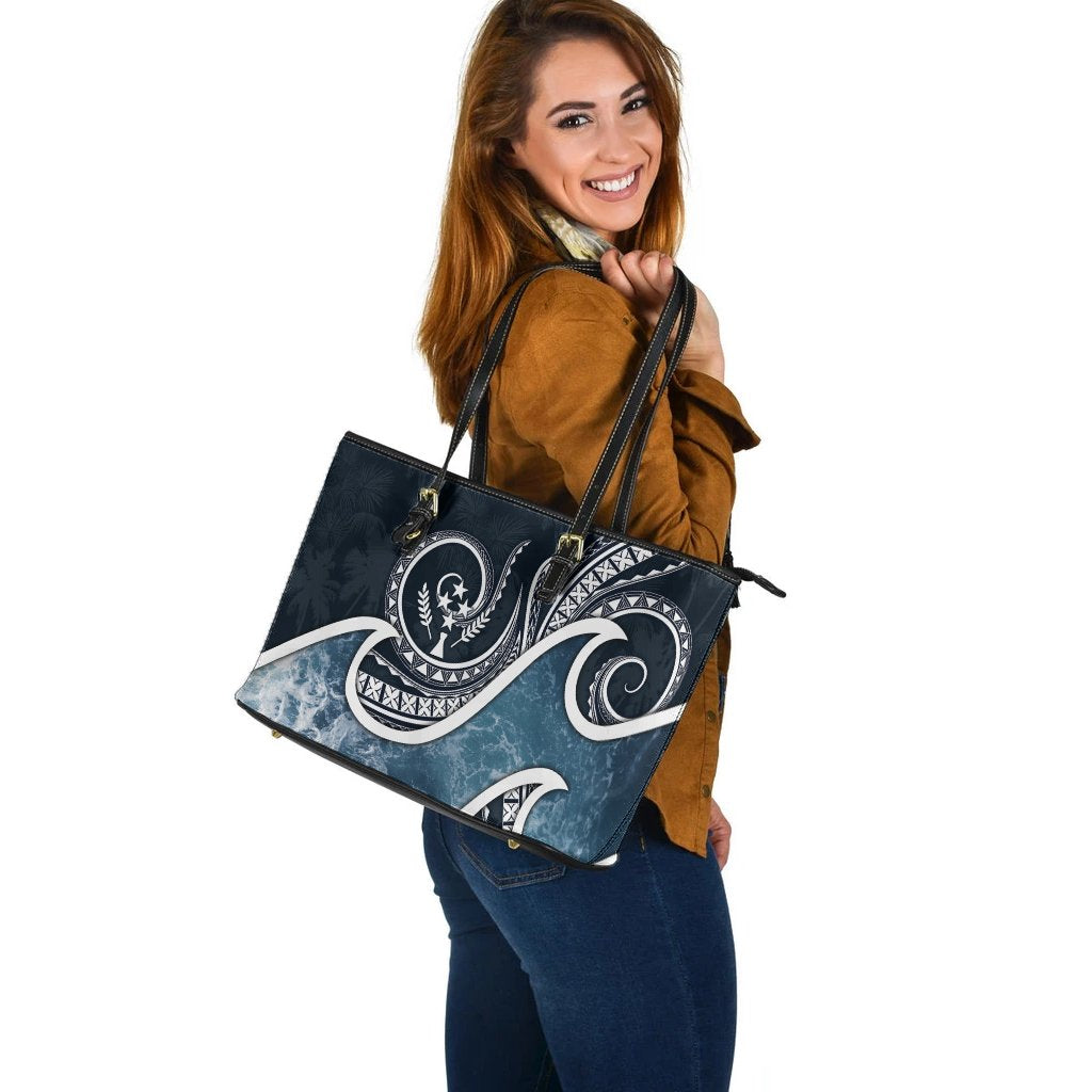 Kosrae Islands Polynesian Leather Tote Bag - Ocean Style Blue - Polynesian Pride