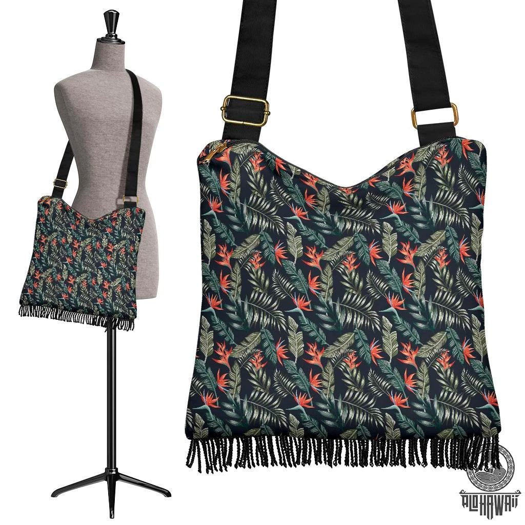 Hawaii Tropical Strelitzia Black Crossbody Boho Handbag Crossbody Boho Handbag One Size Green - Polynesian Pride