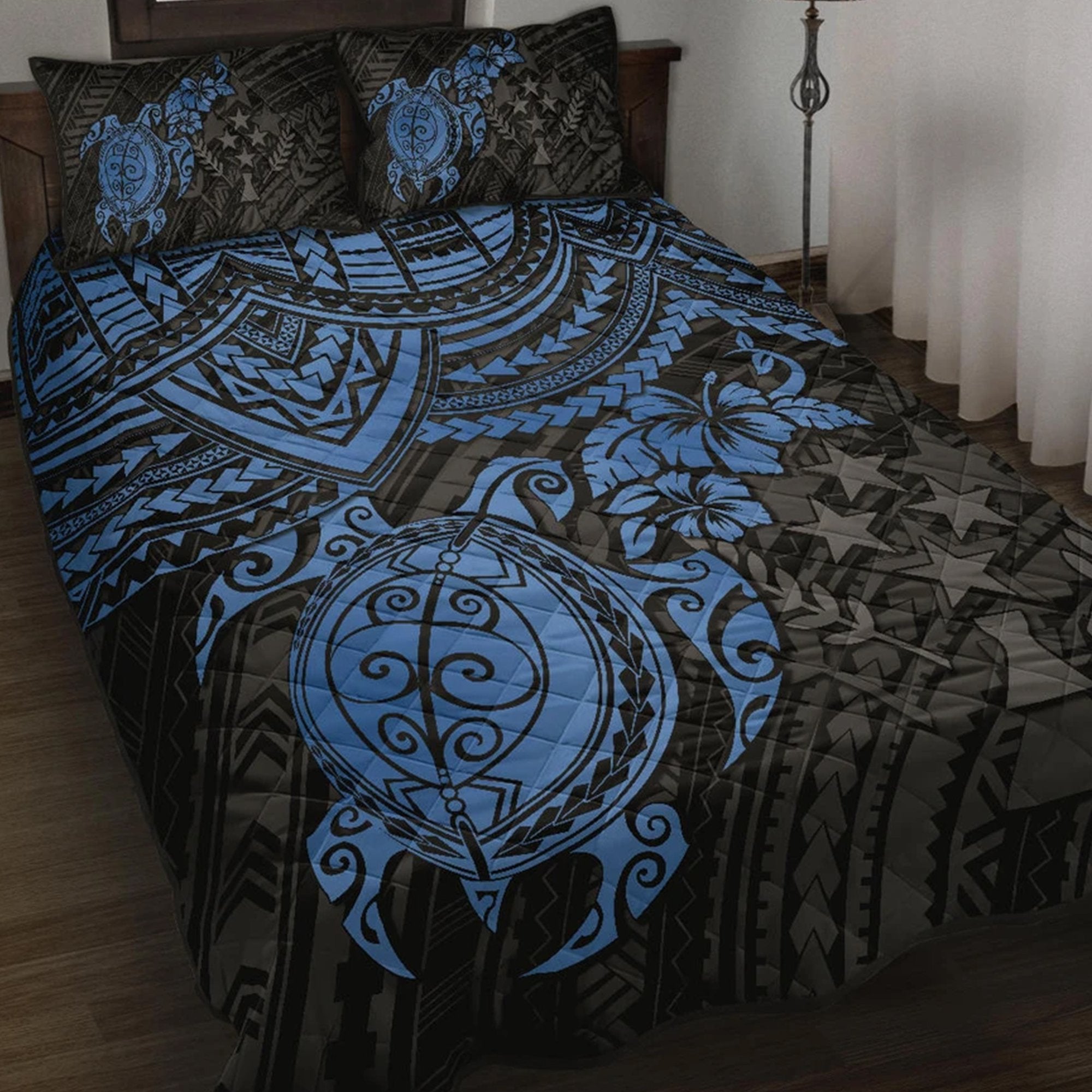 Kosrae Polynesian Quilt Bed Set - Blue Turtle Blue - Polynesian Pride