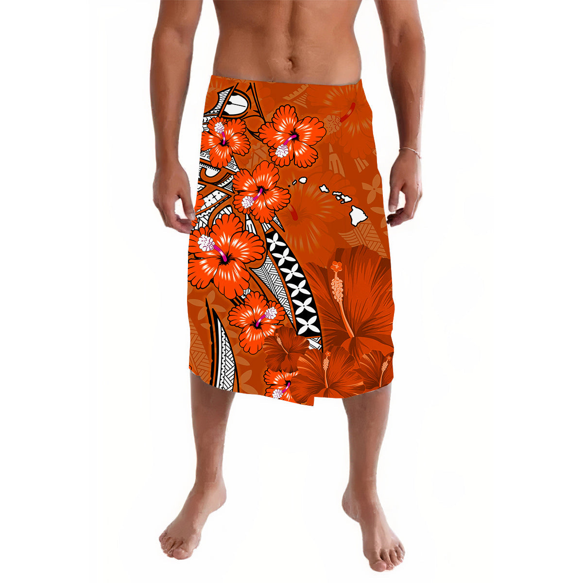 Hawaii Lavalava Polynesian Orange Hibiscus and Map Mystical LT13 Orange - Polynesian Pride