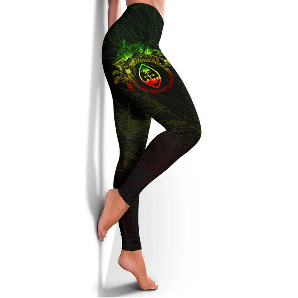 Guam Polynesian Women's Legging - Reggae Turtle Hibiscus Flower Frame Vintage - Polynesian Pride