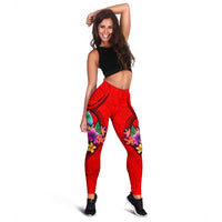 Guam Polynesian Women's Leggings - Floral With Seal Red - Polynesian Pride