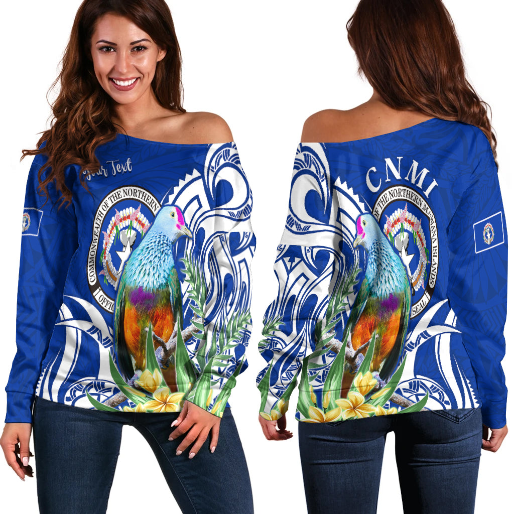 (Custom Personalised) Northern Mariana Islands Off Shoulder Sweater Mariana Fruit Dove Mix Frangipani Flowers Blue LT13 Blue - Polynesian Pride