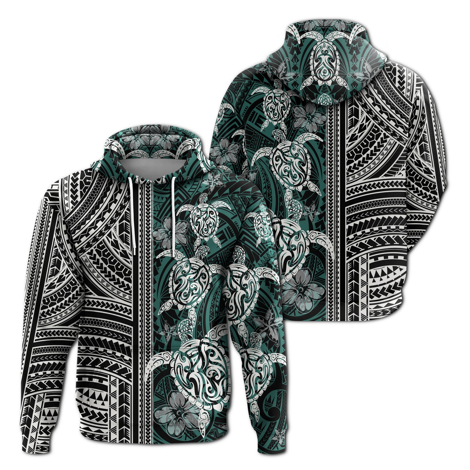 Polynesian Zip up Hoodie Turtle With Ethnic Motives and Floral Elements LT20 Unisex Green - Polynesian Pride
