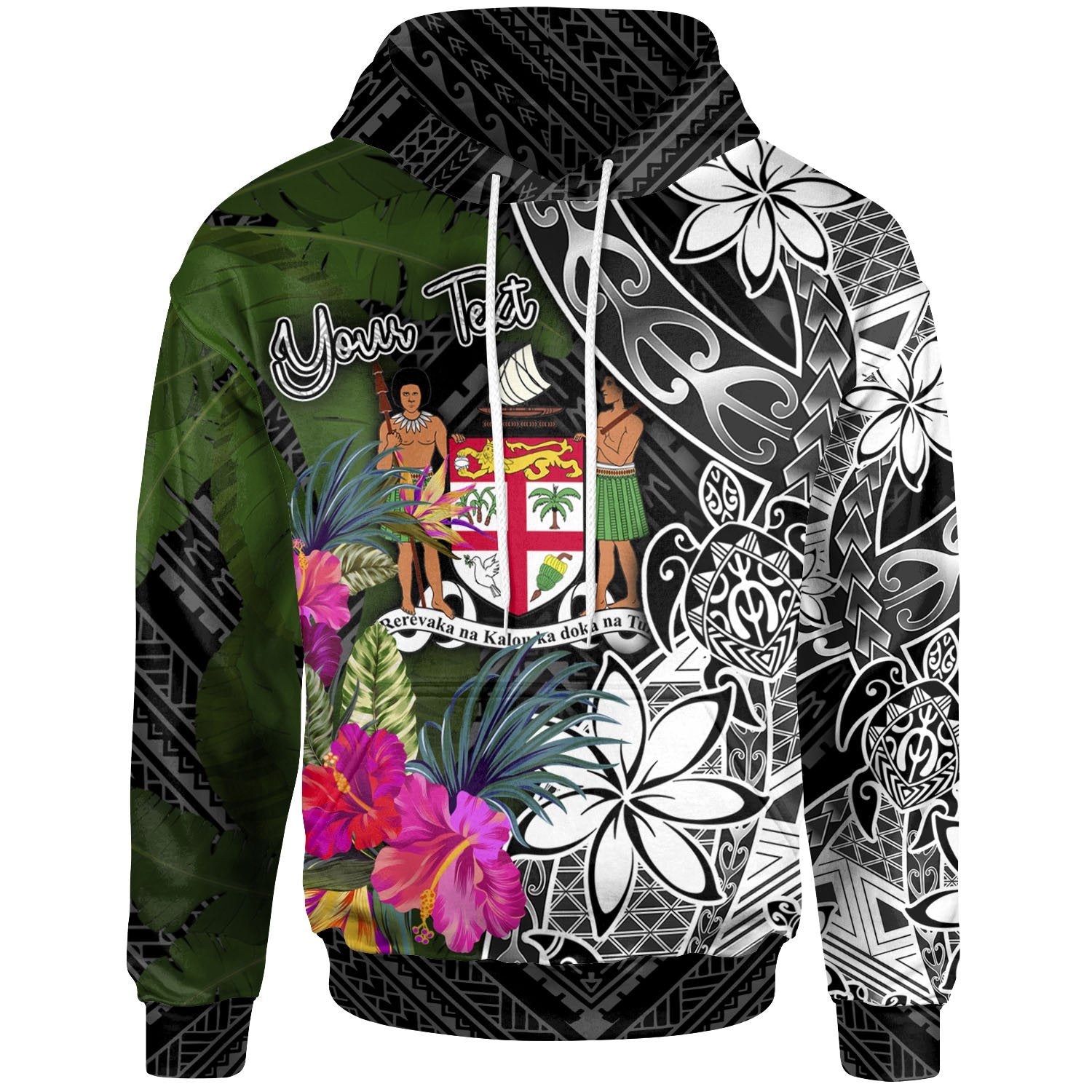 Fiji Custom Hoodie Turtle Plumeria Banana Leaf Crest Unisex Black - Polynesian Pride