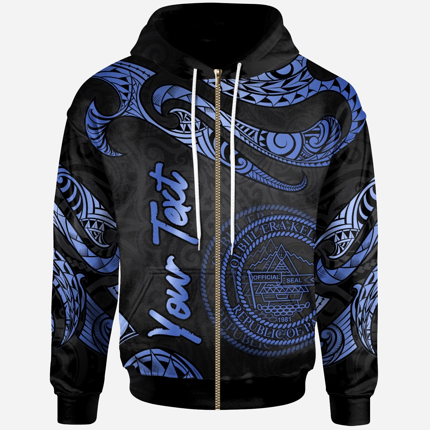 Palau Polynesian Custom Zip Hoodie Polynesian Tattoo Blue Version Unisex Blue - Polynesian Pride