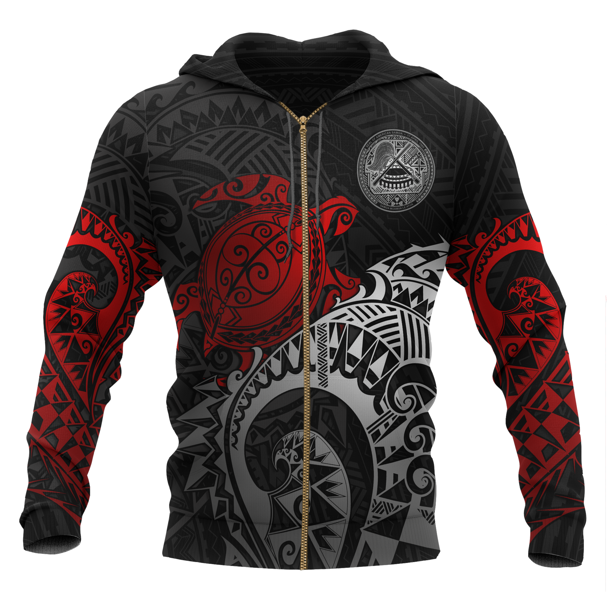 American Samoa Polynesian Hoodie (Zip up) Polynesian Turtle (Red) Unisex RED - Polynesian Pride