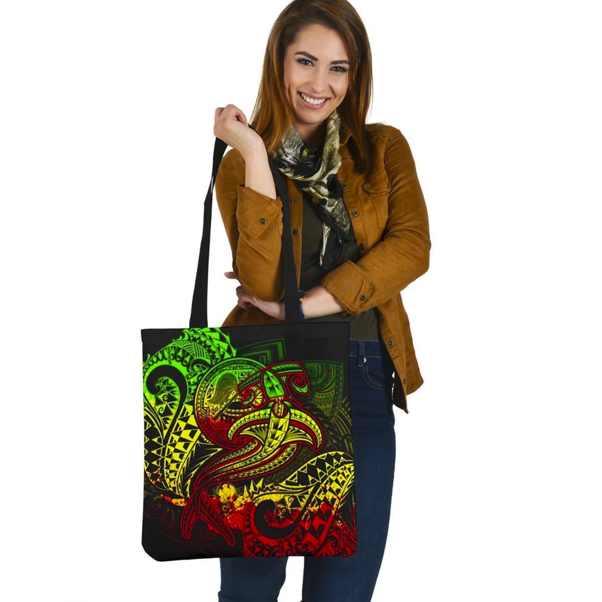 American Samoa Tote Bags - Reggae Shark Polynesian Tattoo Tote Bag One Size White - Polynesian Pride