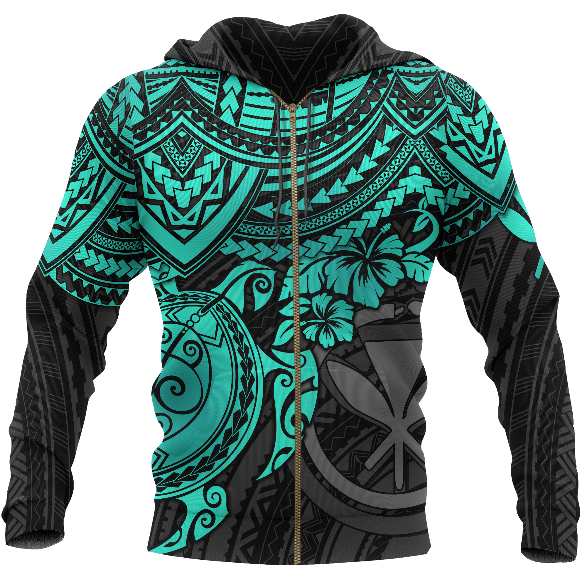 Polynesian Hawaii Hoodie (Zip up) Turquoise Turtle Unisex Blue - Polynesian Pride