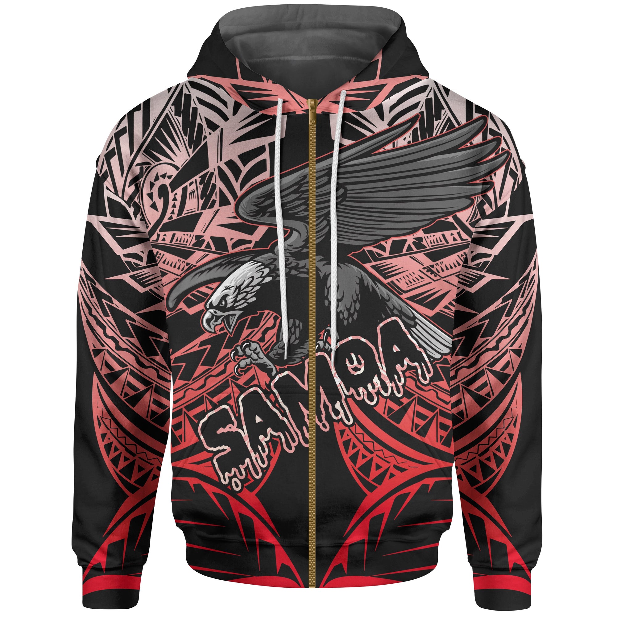 Samoa Polynesian All Over Zip up Hoodie Eagle Tribal Pattern Red Unisex Red - Polynesian Pride