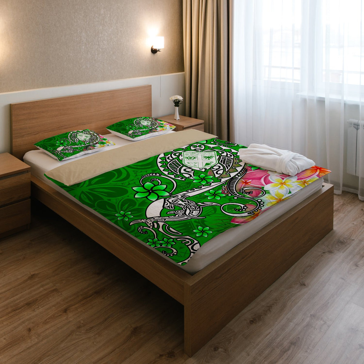 Fiji Custom Personalised Bedding Set - Turtle Plumeria (Green) - Polynesian Pride