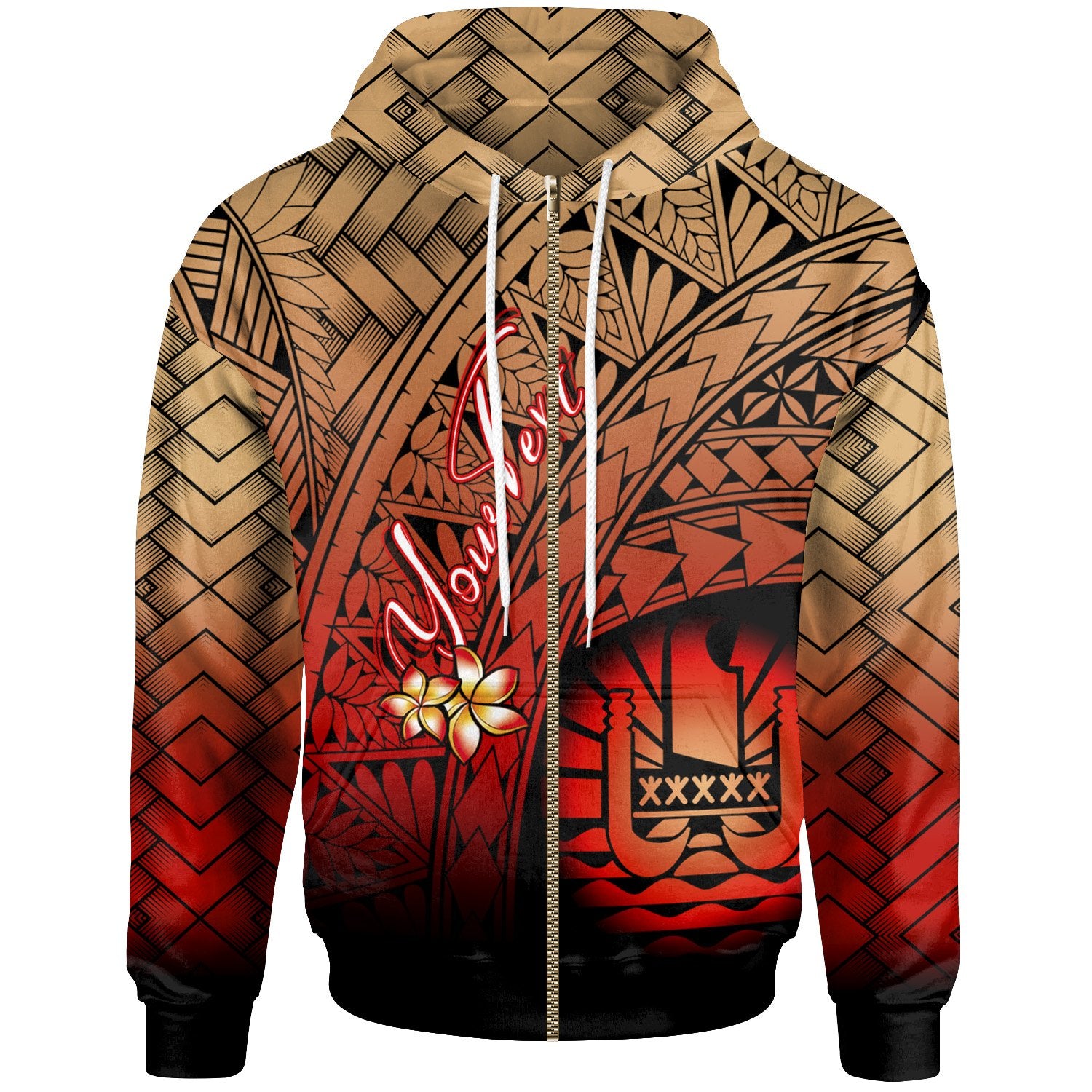Tahiti Polynesian Custom Zip Hoodie Plumeria Tattoo Tribal Unisex Red - Polynesian Pride