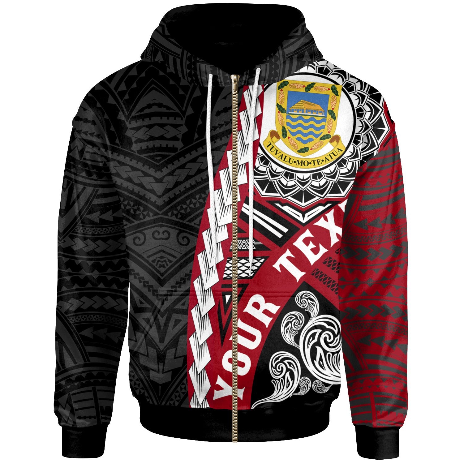 Tuvalu Polynesian Custom Zip up Hoodie Wave Tattoo Unisex Black - Polynesian Pride