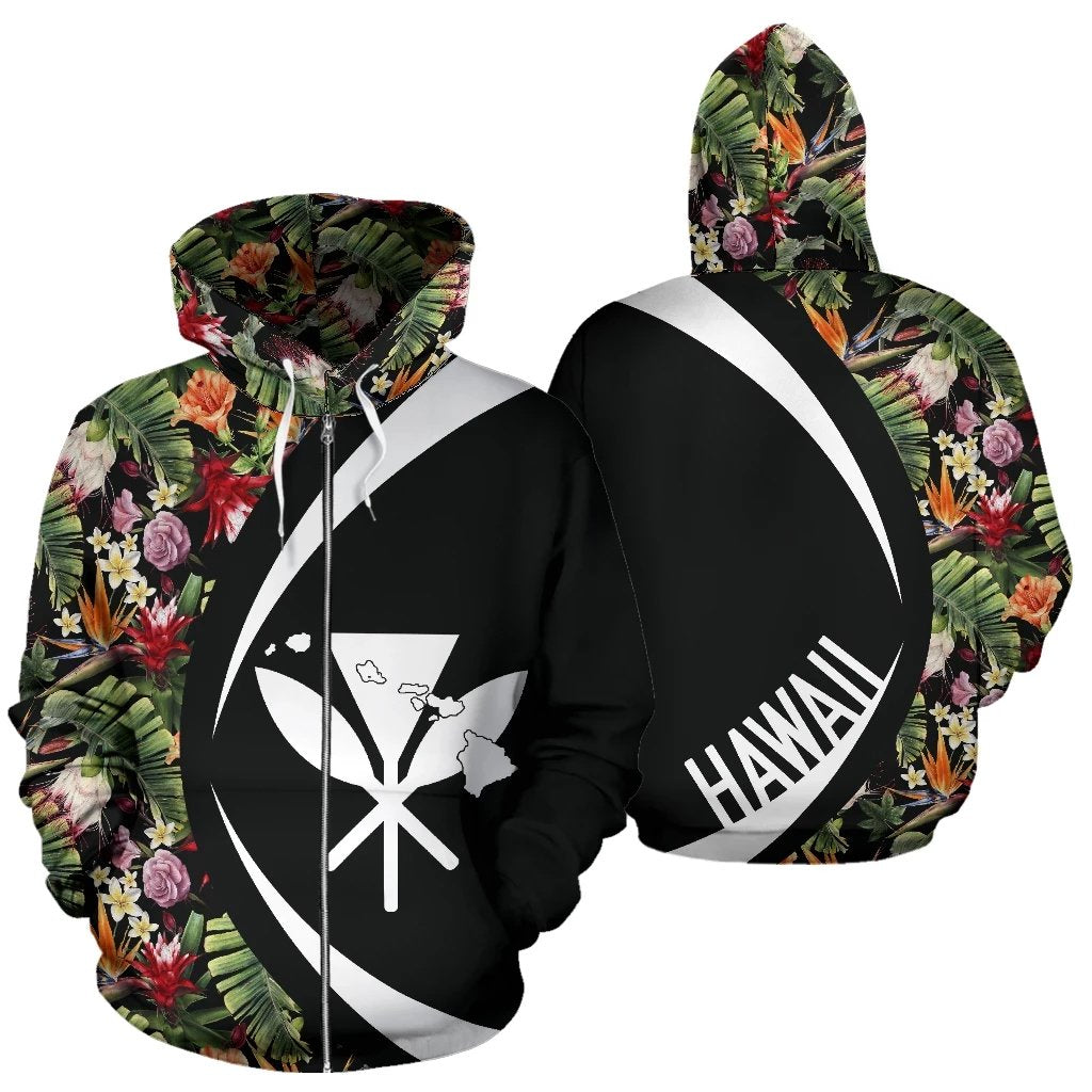 Kanaka Tropical Flowers Watercolor Zipper Hoodie Circle Style Unisex Black - Polynesian Pride