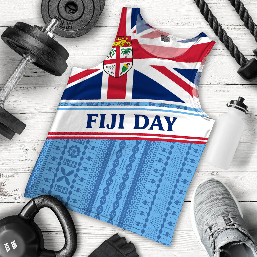 Fiji Day Men Tank Top - Tapa Pattern With Flag - LT12 Blue - Polynesian Pride