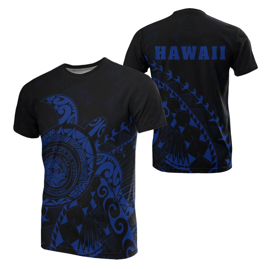 Hawaii Coat of Arms T Shirt ( Blue) Turtle Style Unisex White - Polynesian Pride