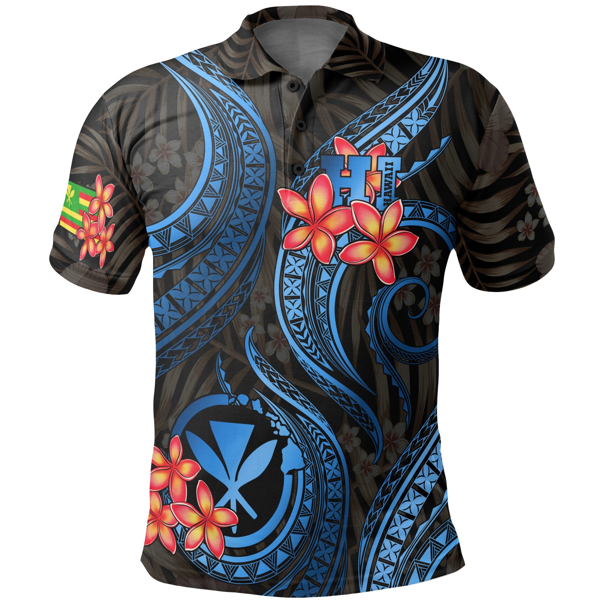 Polynesian Hawaii Polo Shirt Blue Plumeria Unisex BLUE - Polynesian Pride