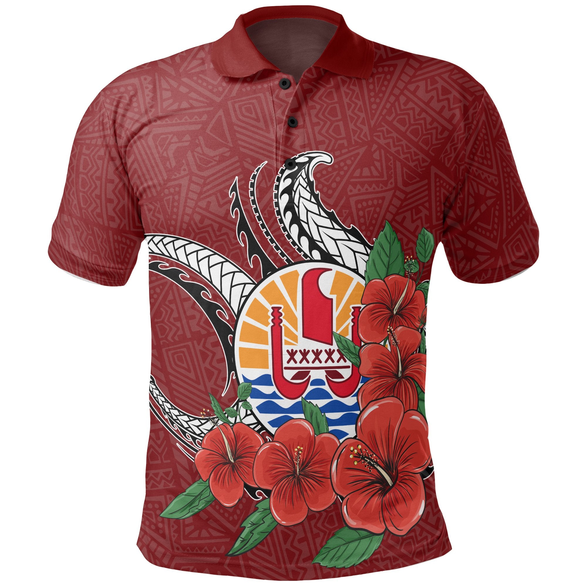 Tahiti Polynesian Polo Shirt Hibiscus Coat of Arm Red Unisex RED - Polynesian Pride