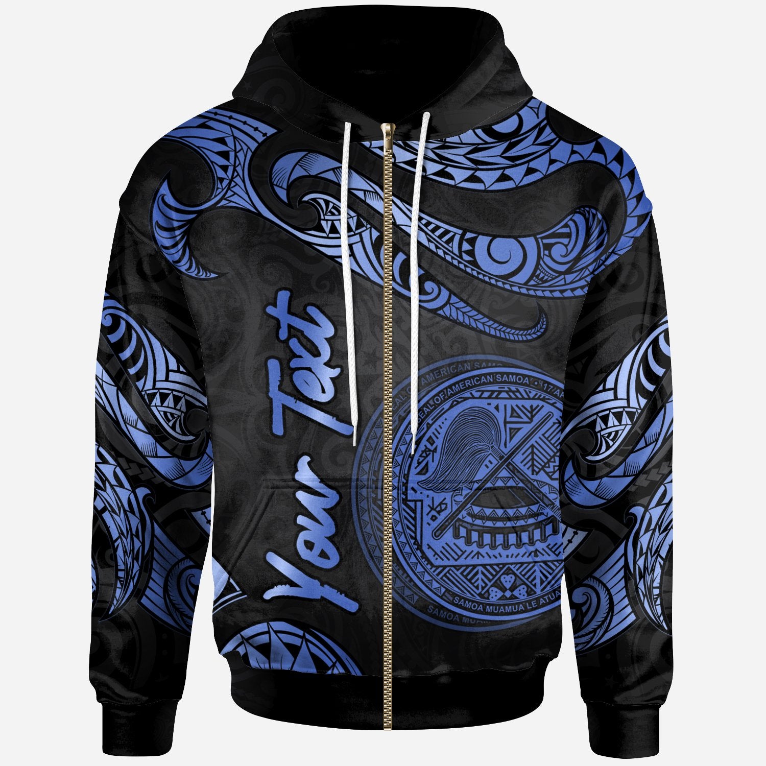 American Samoa Polynesian Custom Zip Hoodie Polynesian Tattoo Blue Version Unisex Blue - Polynesian Pride