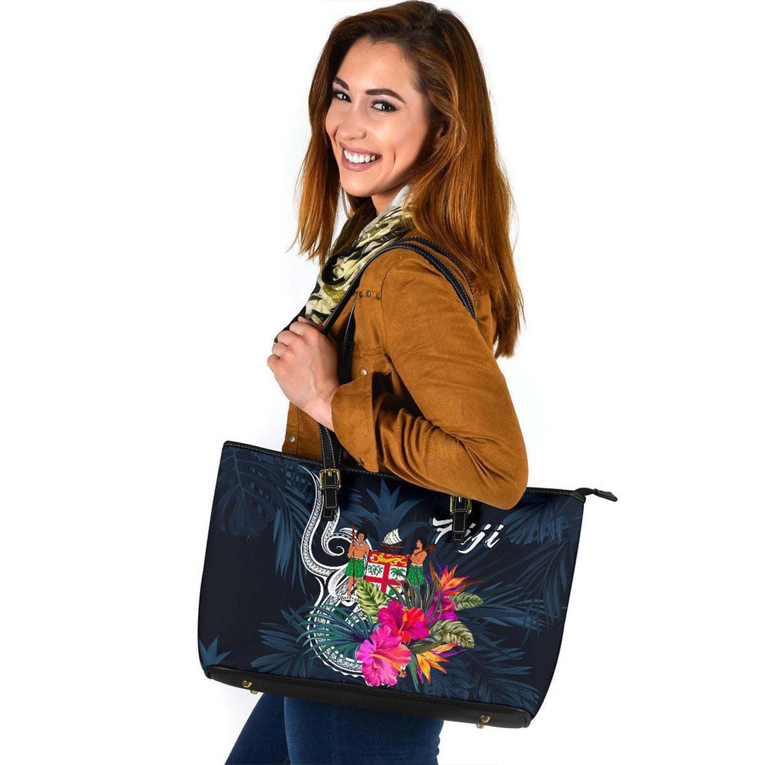 Fiji Polynesian Large Leather Tote - Tropical Flower Blue - Polynesian Pride