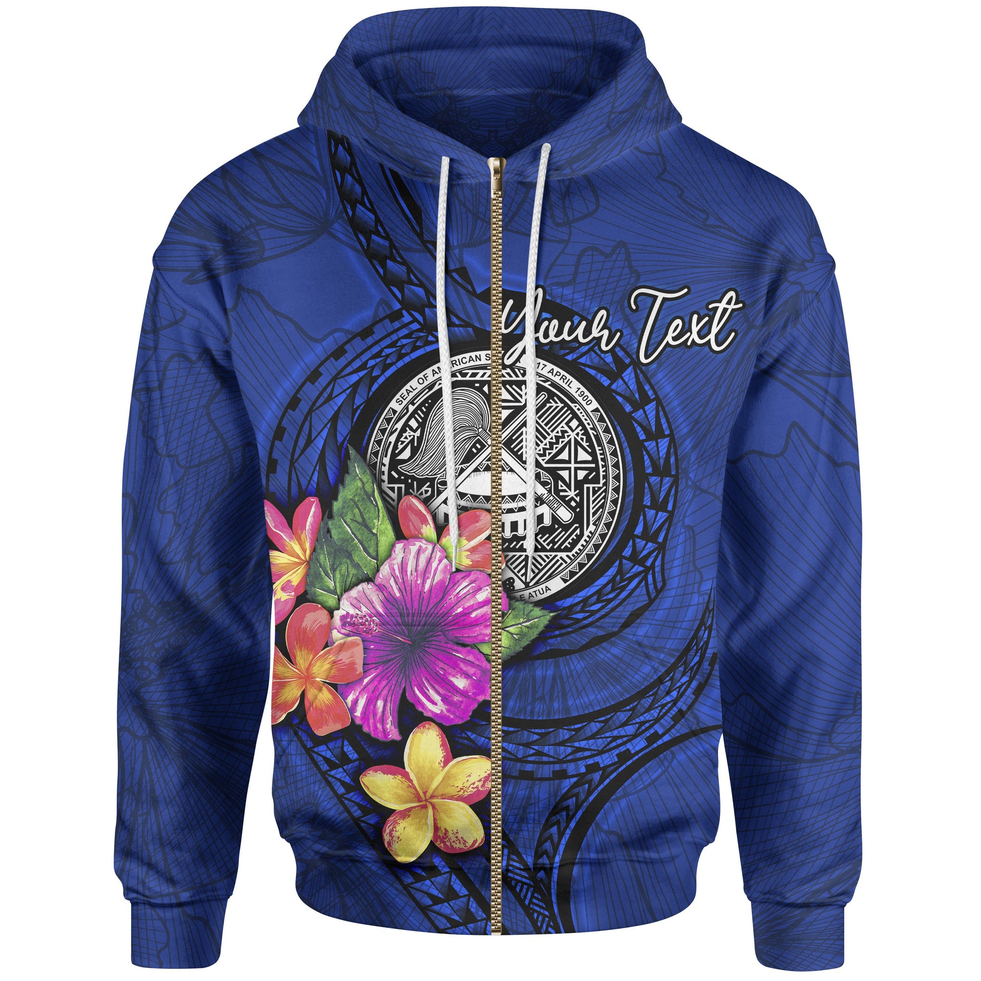 American Samoa Polynesian Custom Zip up Hoodie Floral With Seal Blue Unisex Blue - Polynesian Pride