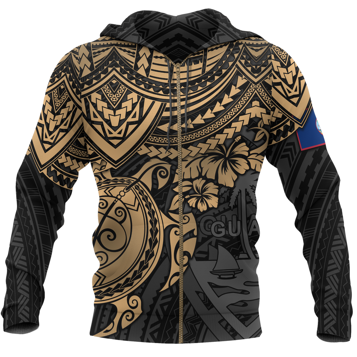Guam Polynesian Hoodie (Zip up) Golden Turtle Unisex BROWN - Polynesian Pride