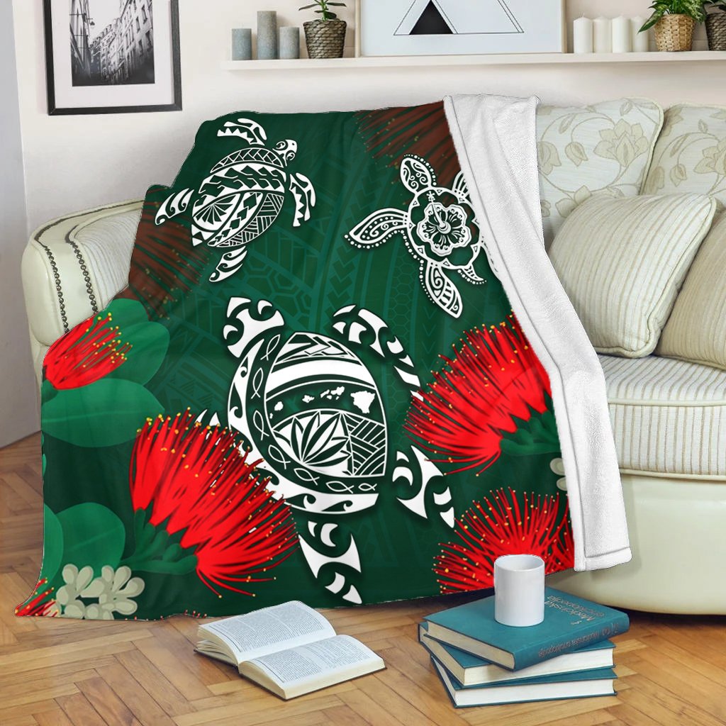 Hawaii Lehua Flowers Turtle Poly Premium Blanket - Ser Style - AH White - Polynesian Pride