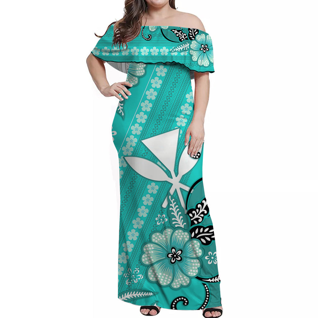 Hawaii Off Shoulder Long Dress Kakau Tribal Turquoise Batik Floral Ver.01 LT13 Women Turquoise - Polynesian Pride