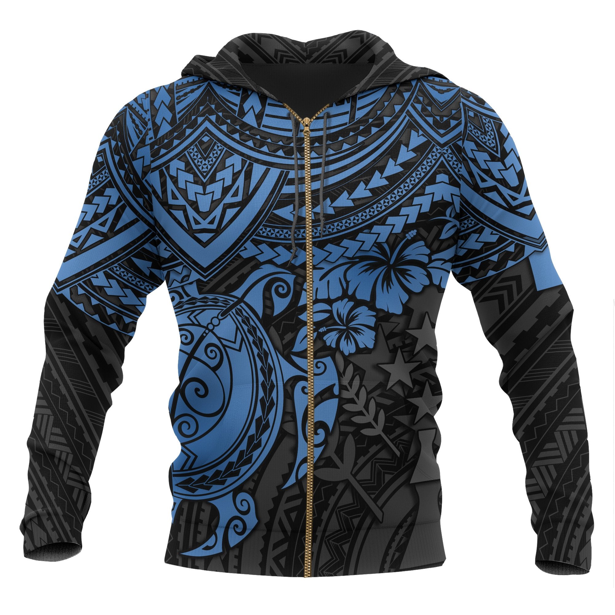 Kosrae Polynesian Zip up Hoodie Blue Turtle Unisex Blue - Polynesian Pride