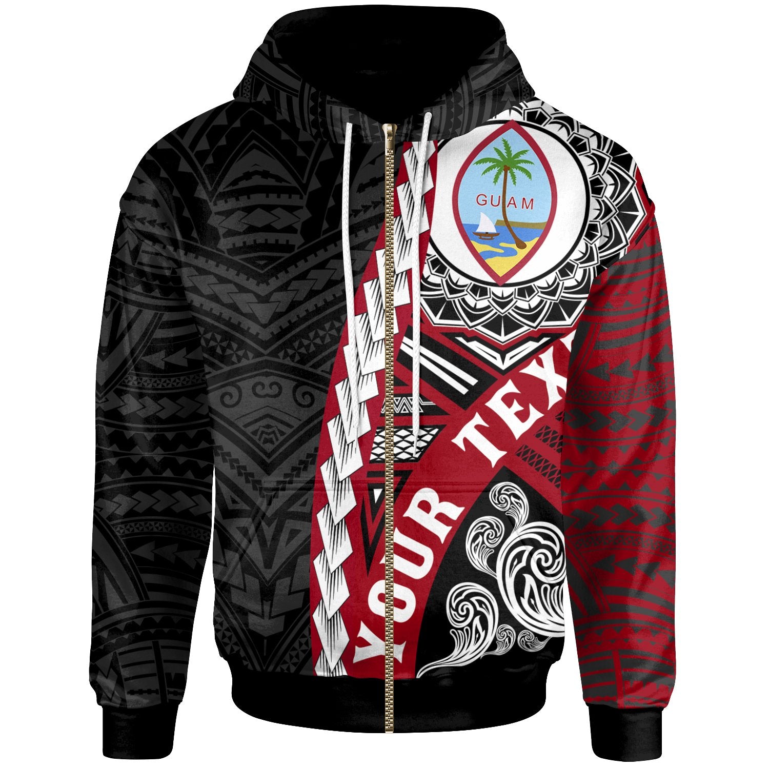 Guam Polynesian Custom Zip up Hoodie Wave Tattoo Unisex Red - Polynesian Pride