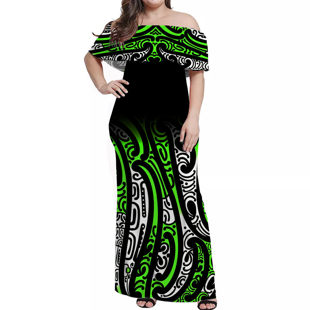 New Zealand Off Shoulder Long Dress Maori NZ Unique Green LT13 Women Green - Polynesian Pride