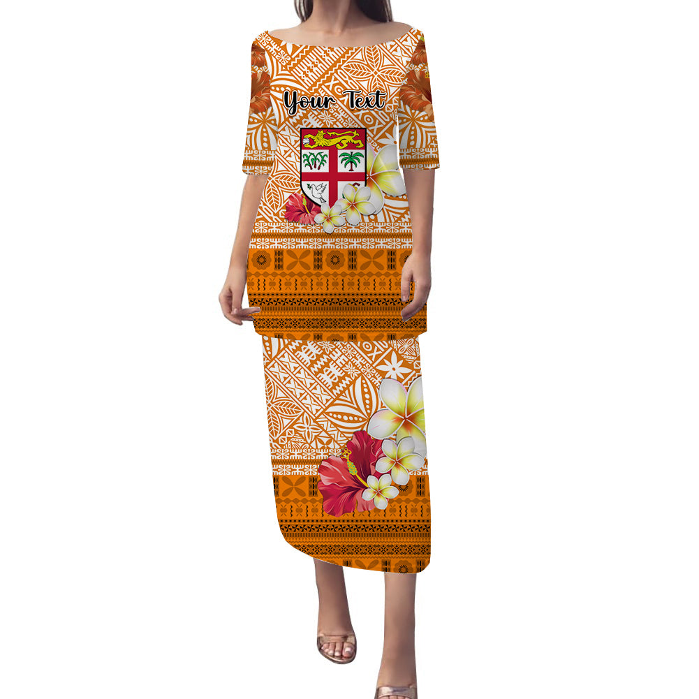 (Custom Personalised) Fiji Puletasi Dress Orange Tapa Pattern Fijian Plumeria Flowers LT13 Orange - Polynesian Pride