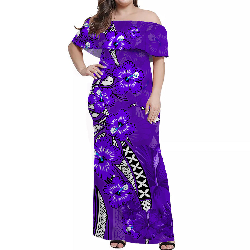 (Custom Personalised) Hawaii Off Shoulder Long Dress Polynesia Purple Hibiscus and Map Mystical LT13 Women Purple - Polynesian Pride