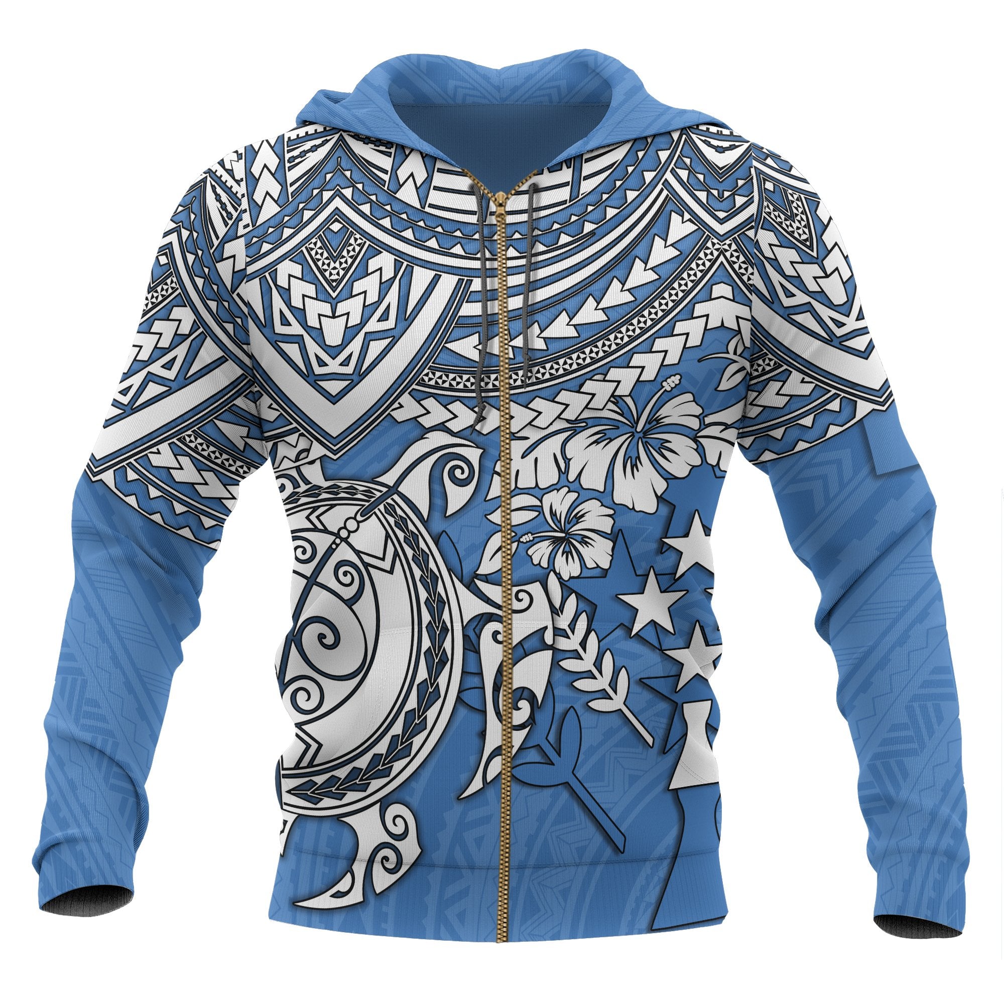 Kosrae Polynesian Zip up Hoodie Polynesian Turtle Unisex Blue - Polynesian Pride