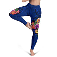 Tahiti Polynesian Women's Leggings - Floral With Seal Blue - Polynesian Pride