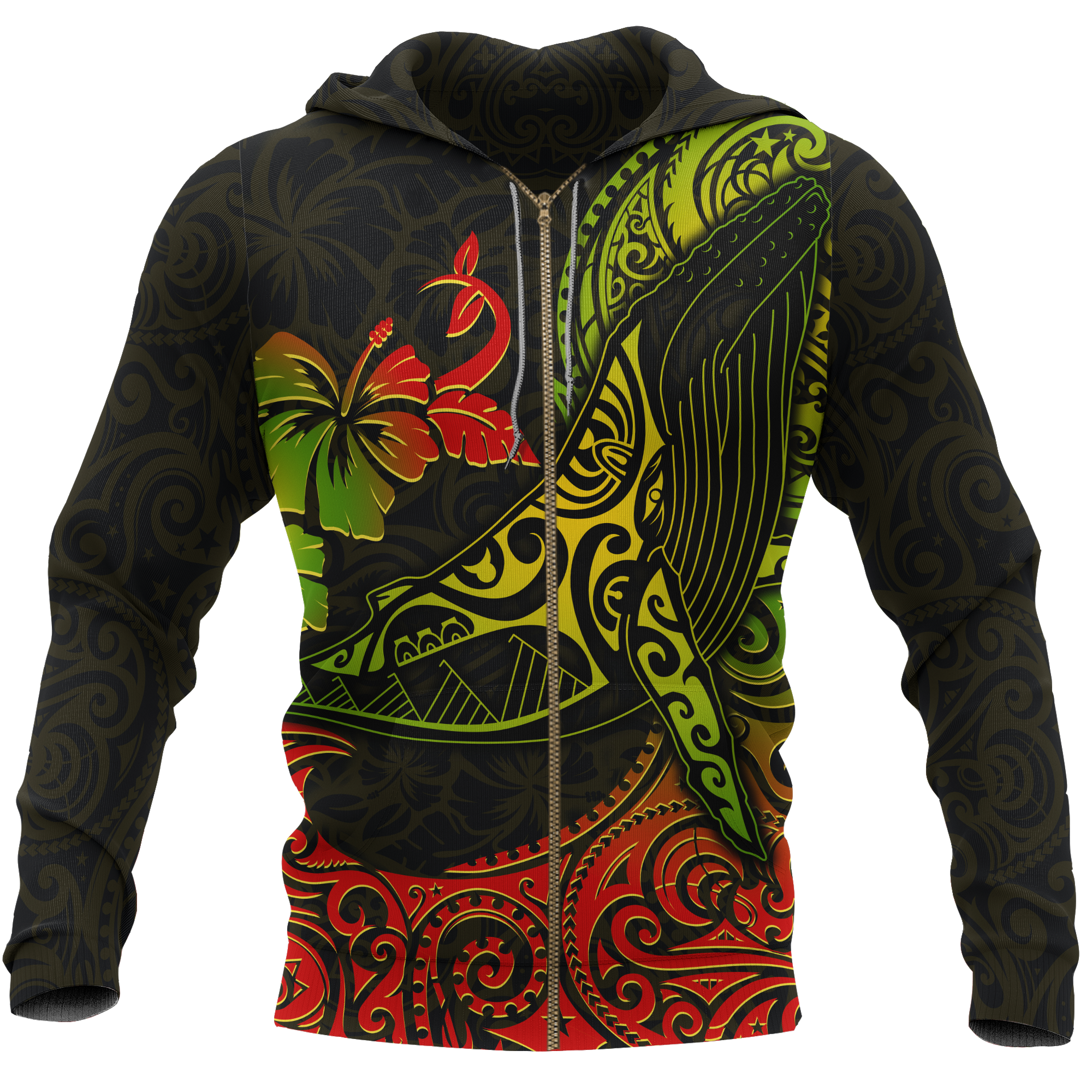 Hawaii Zip up Hoodie Polynesian Humpback Whale Unisex BLACK - Polynesian Pride