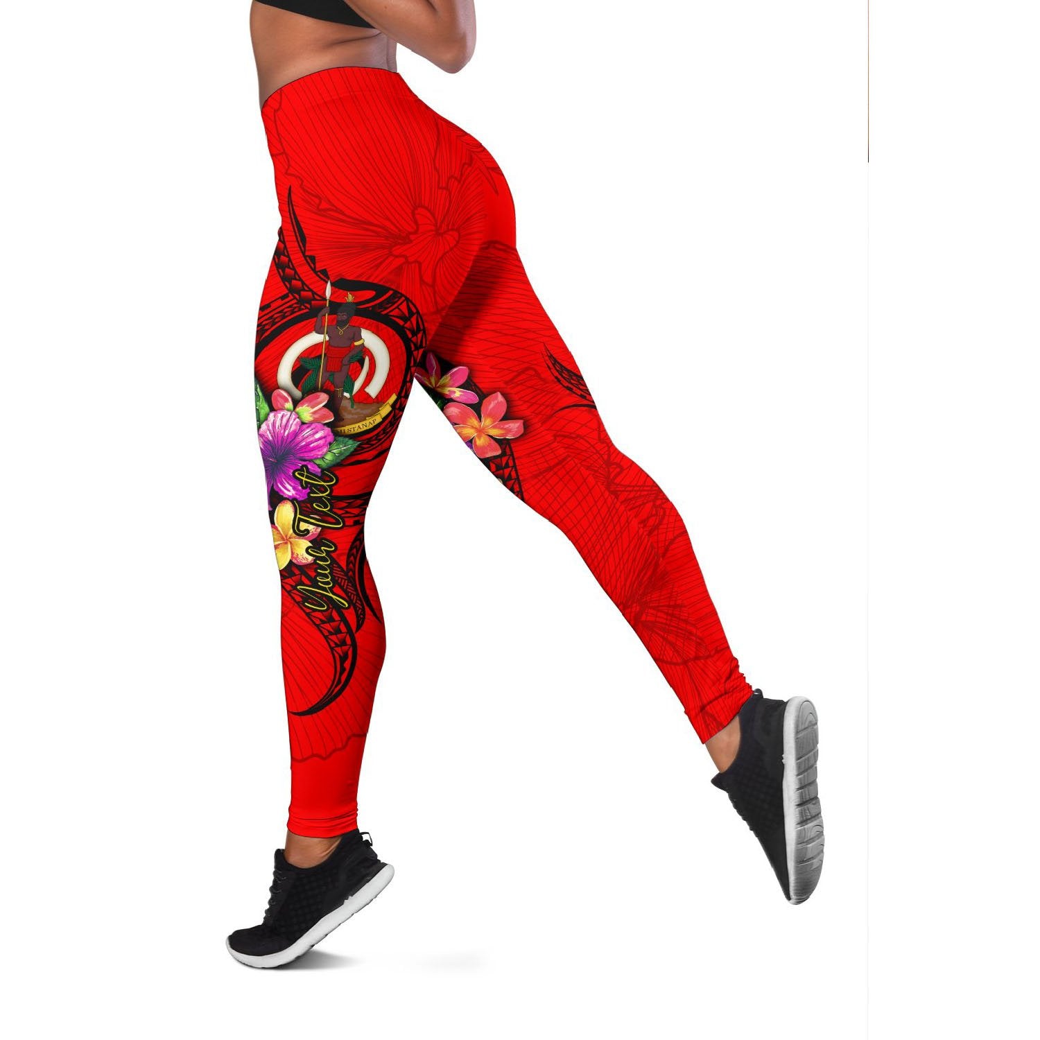 Vanuatu Polynesian Custom Personalised Women's Leggings - Floral With Seal Red Red - Polynesian Pride