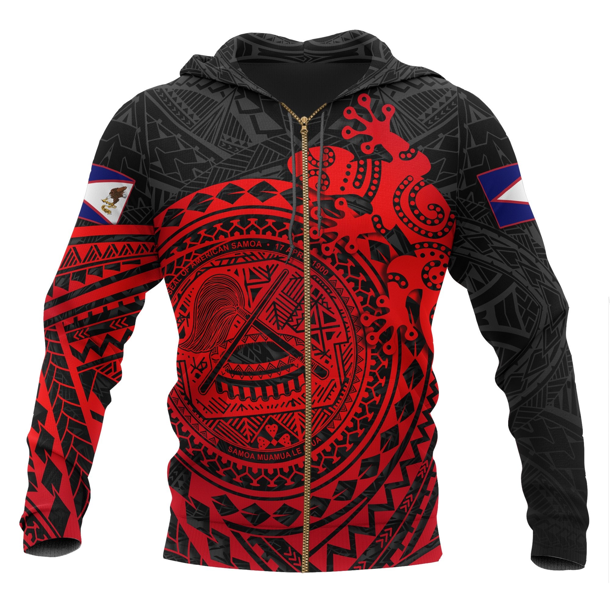 American Samoa Zip up Hoodie Polynesian Lizard Unisex RED - Polynesian Pride