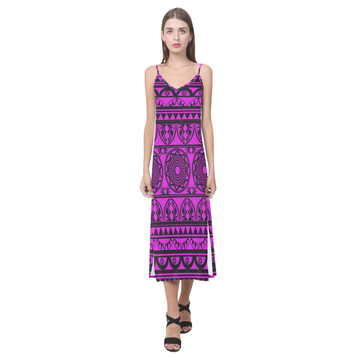 Polynesia Pattern V - Neck Open Fork Long Dress - Pink Style Women Pink - Polynesian Pride