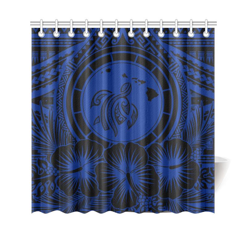 Hawaii Map Honu Hibiscus Blue Polynesian Shower Curtain 177 x 172 (cm) Blue - Polynesian Pride