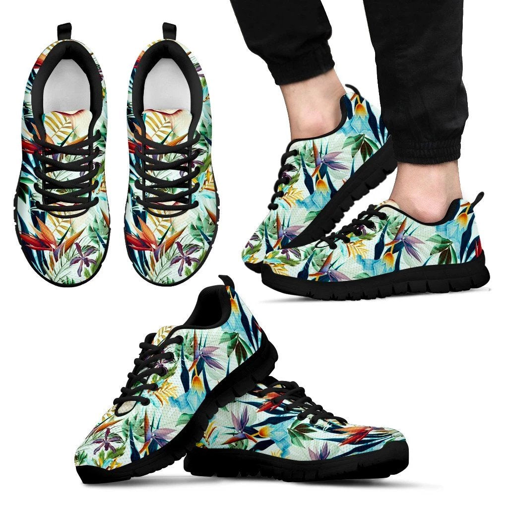 Hawaii Tropical Flower, Plant And Leaf Pattern Sneakers Men's Sneakers Black - Polynesian Pride